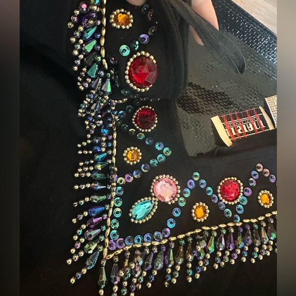Vintage Bejeweled Black Bodysuit Sz L Rhinestone Long Sleeve Glam Festival A142 - Picture 4 of 5